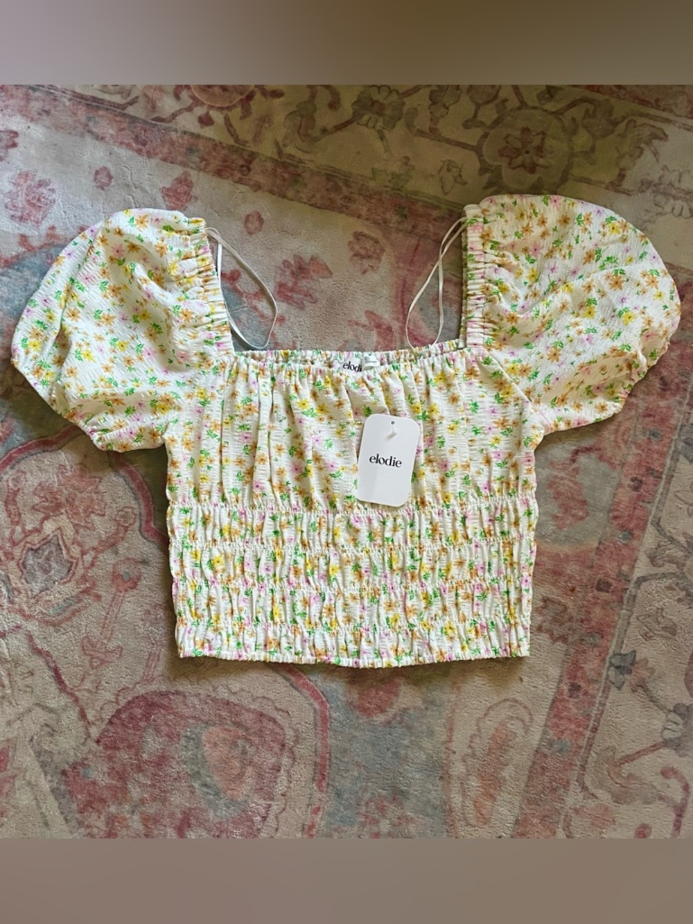 Elodie Cream Floral Smocked Puff Sleeve Crop Top